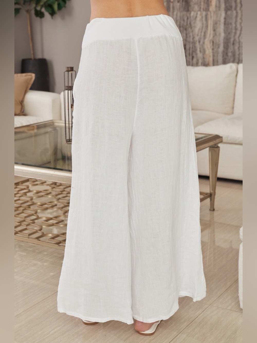 (18931-WHT)  LINEN SEAM STITCH DETAIL WIDE LEG PANTS - Picture 3 of 4